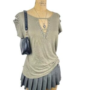 Fairy Grunge Linen Top Lace Up Front Y2K Indie Sleaze Boho Earthy Size L